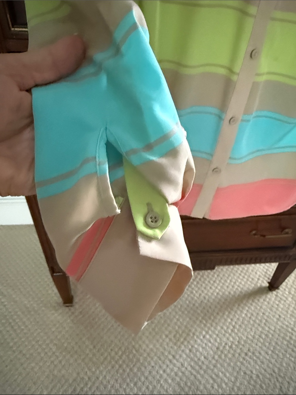 Style & Co. Beige Button-Down Shirt with Turquoise, Coral & Lime Stripes - Picture 3 of 3